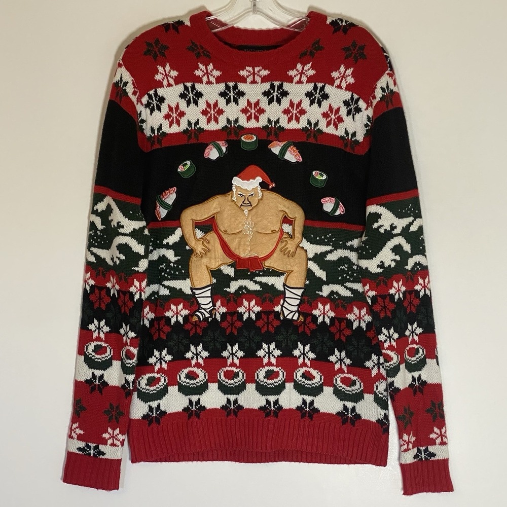 Blizzard Bay Sweater Mens Small Multicolor Ugly Christmas Sumo Santa Felt Sushi
